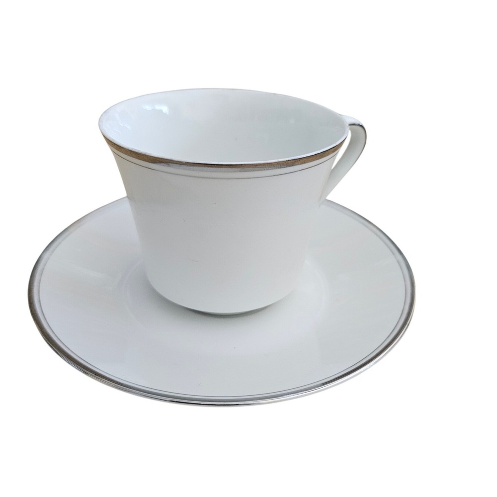 Crown Empire Countess Fine China Teacup and Saucer Set White Silver Trim Japan